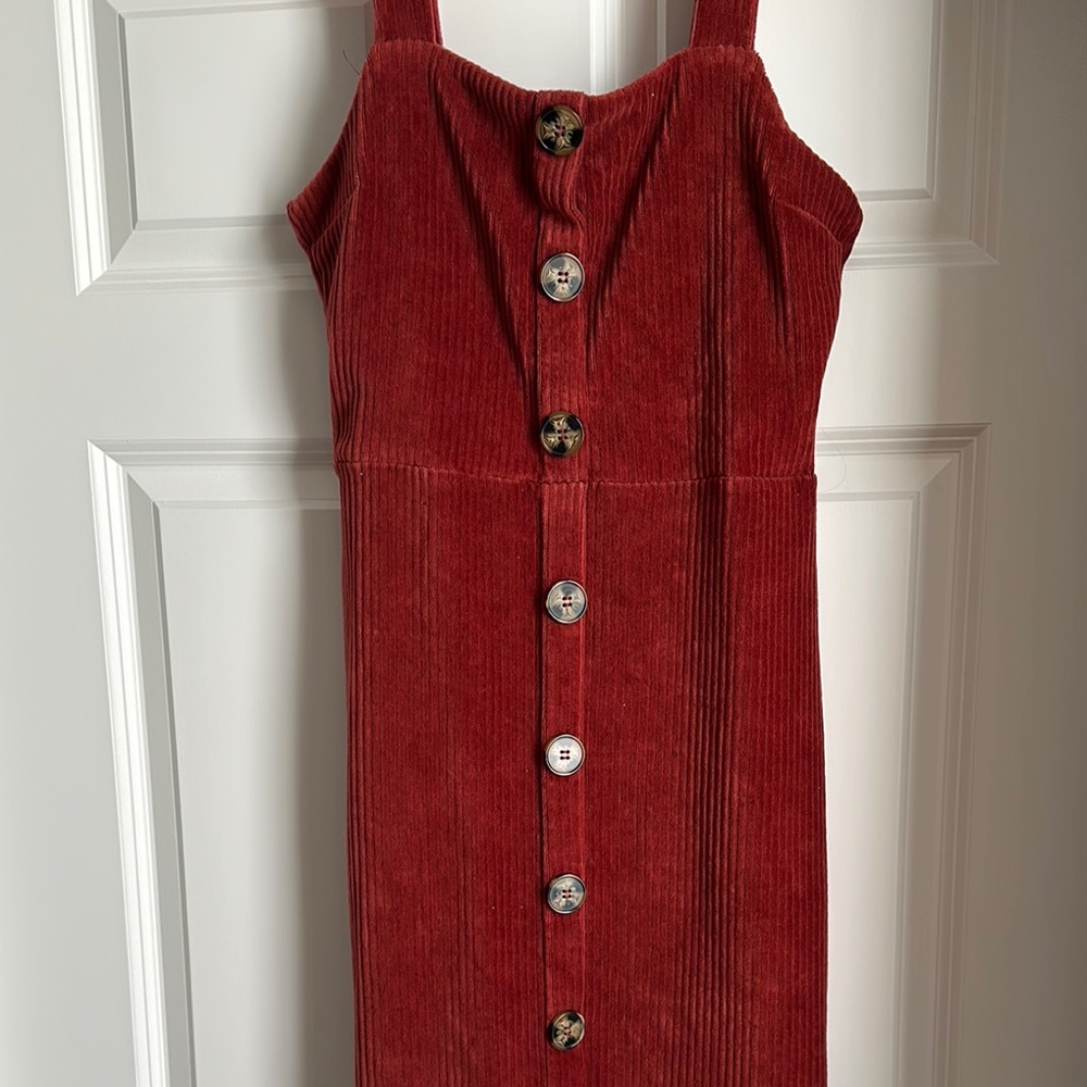 Red Corduroy Button-Down Dress